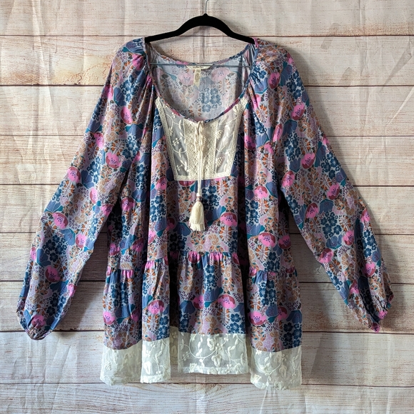 Matilda Jane Tops - Matilda Jane Size Large Floral Embroidered Babydoll Blouse Tassel Scoop Neck